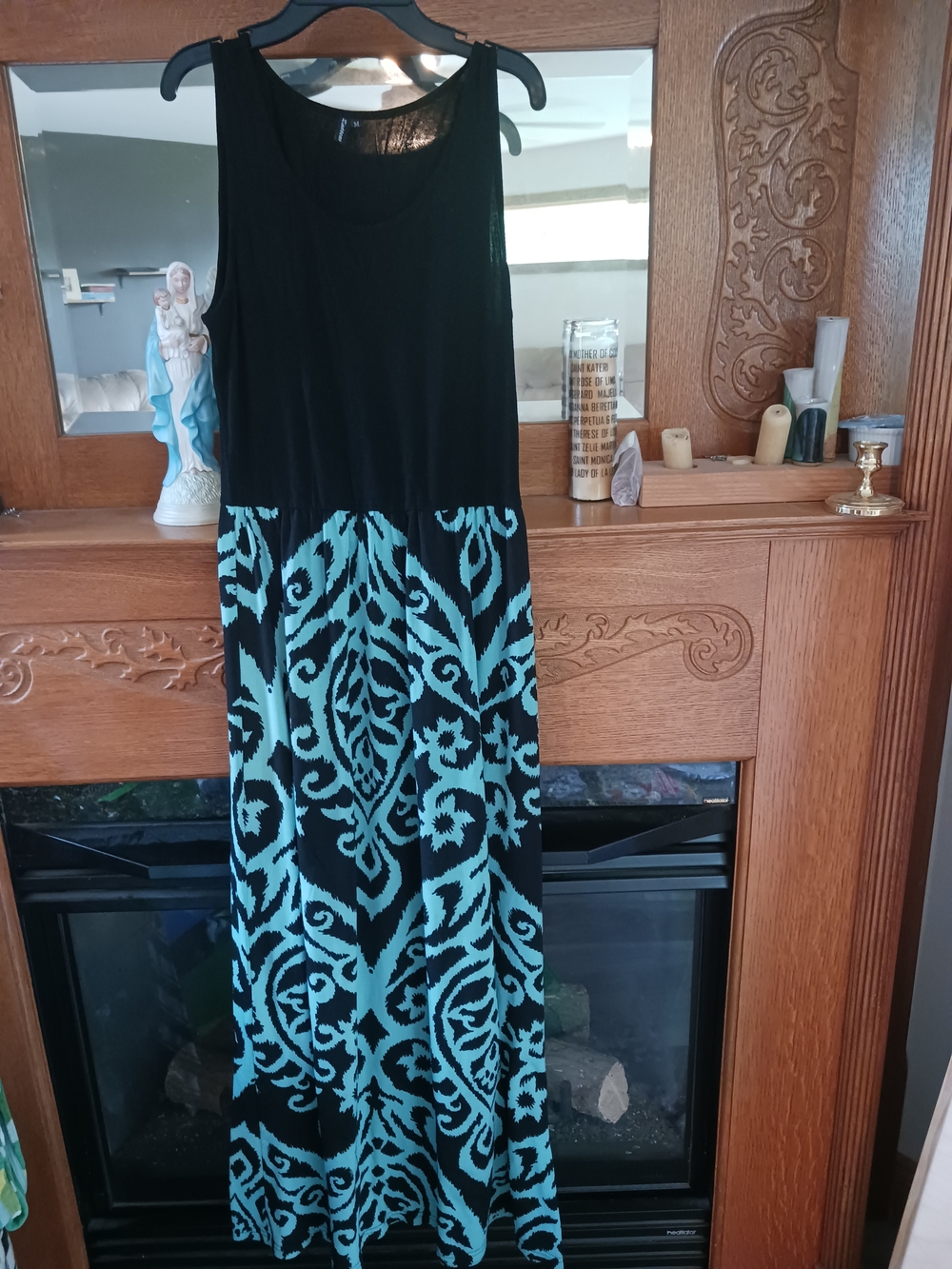 Sleeveless Black Maxi Dress with Turquoise Pattern